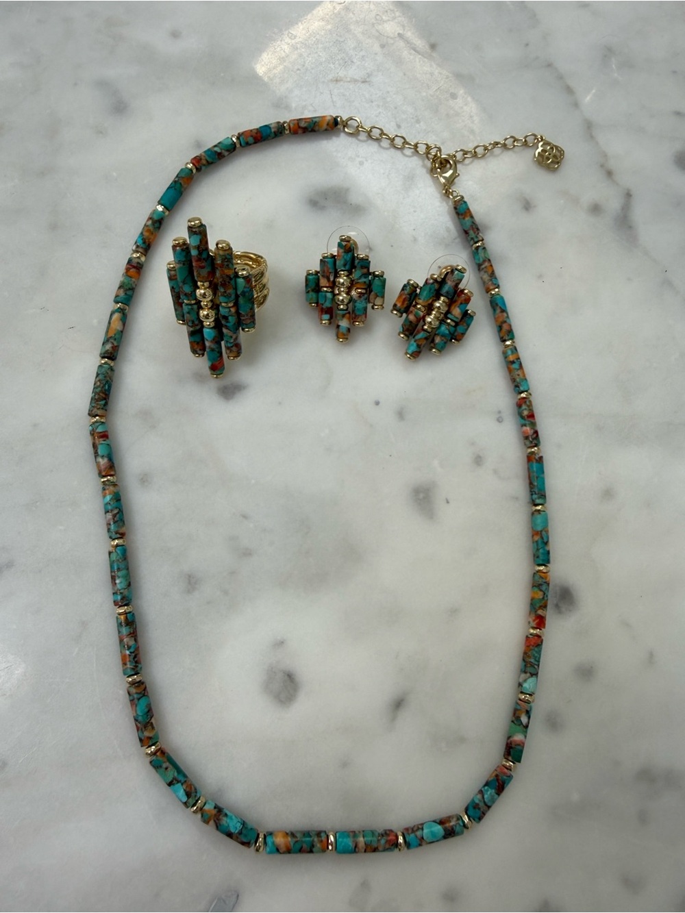 Kendra Scott Turquoise and Coral Bead Jewelry Set with Gold Accents. Ring size 7